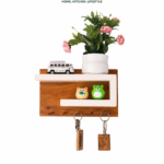 Wooden wall mounted key holder with decor shelf, flower pot and key hooks - NM Corner