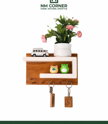 Wooden wall mounted key holder with decor shelf, flower pot and key hooks - NM Corner