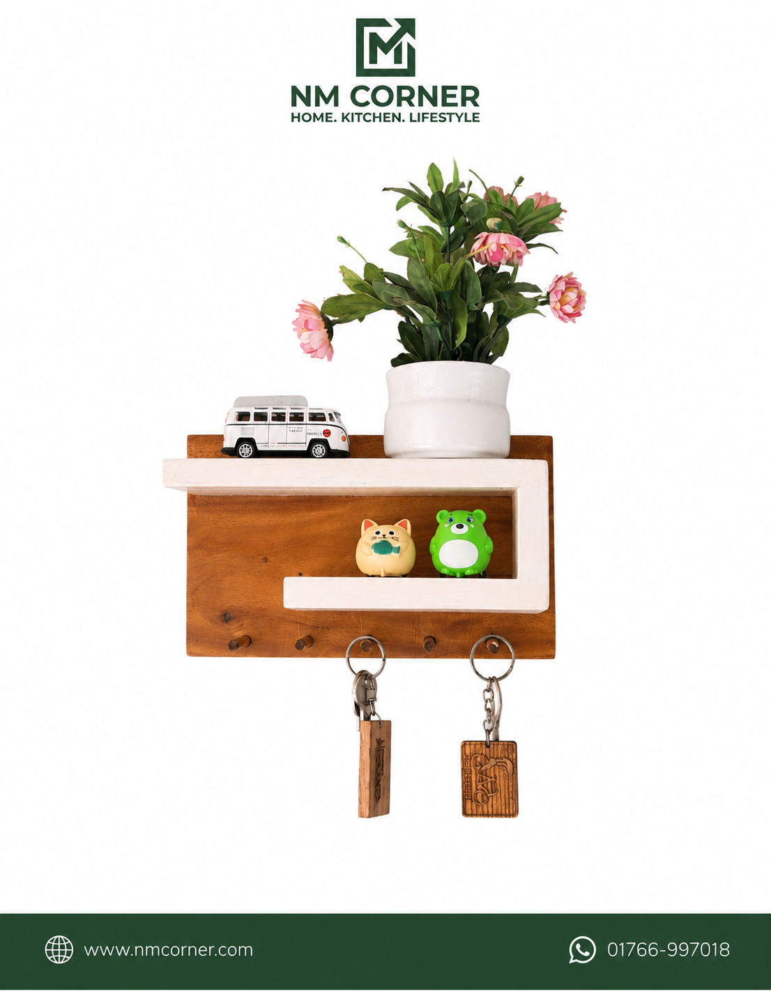 Wooden wall mounted key holder with decor shelf, flower pot and key hooks - NM Corner