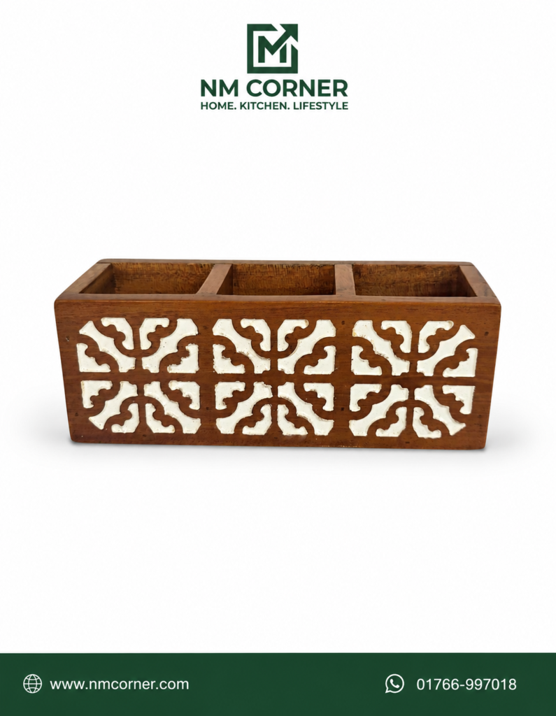 Wooden Spoon Holder with 3 compartments - kitchen cutlery organizer with carved design