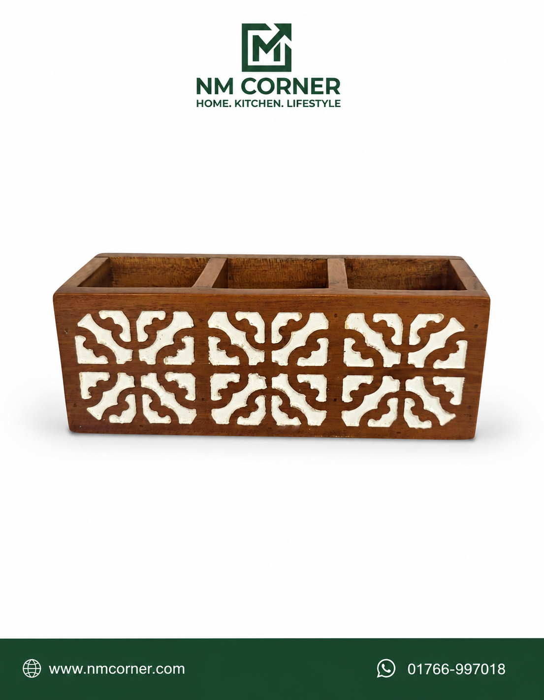Wooden Spoon Holder with 3 compartments - kitchen cutlery organizer with carved design