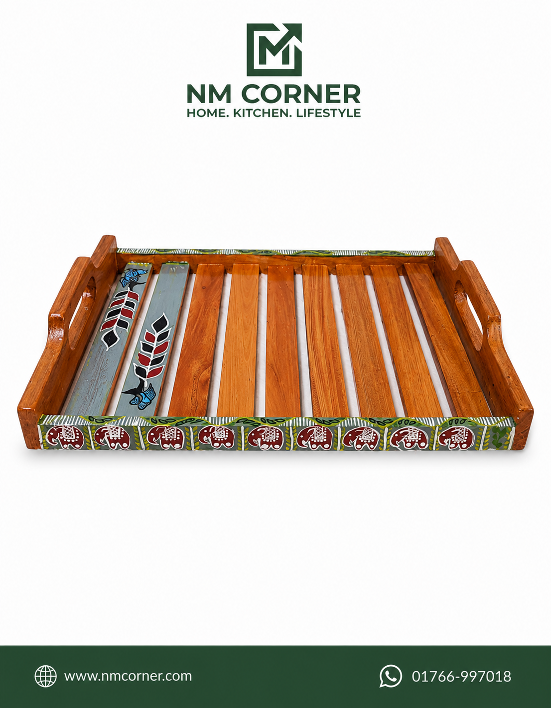 Hand Painted Mahogany Wooden Serving Tray with Handles - NM Corner