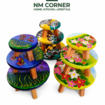 Hand Painted Wooden Round Stool with Floral Design - NM Corner