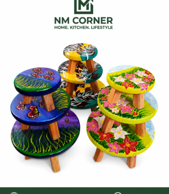 Hand Painted Wooden Round Stool with Floral Design - NM Corner