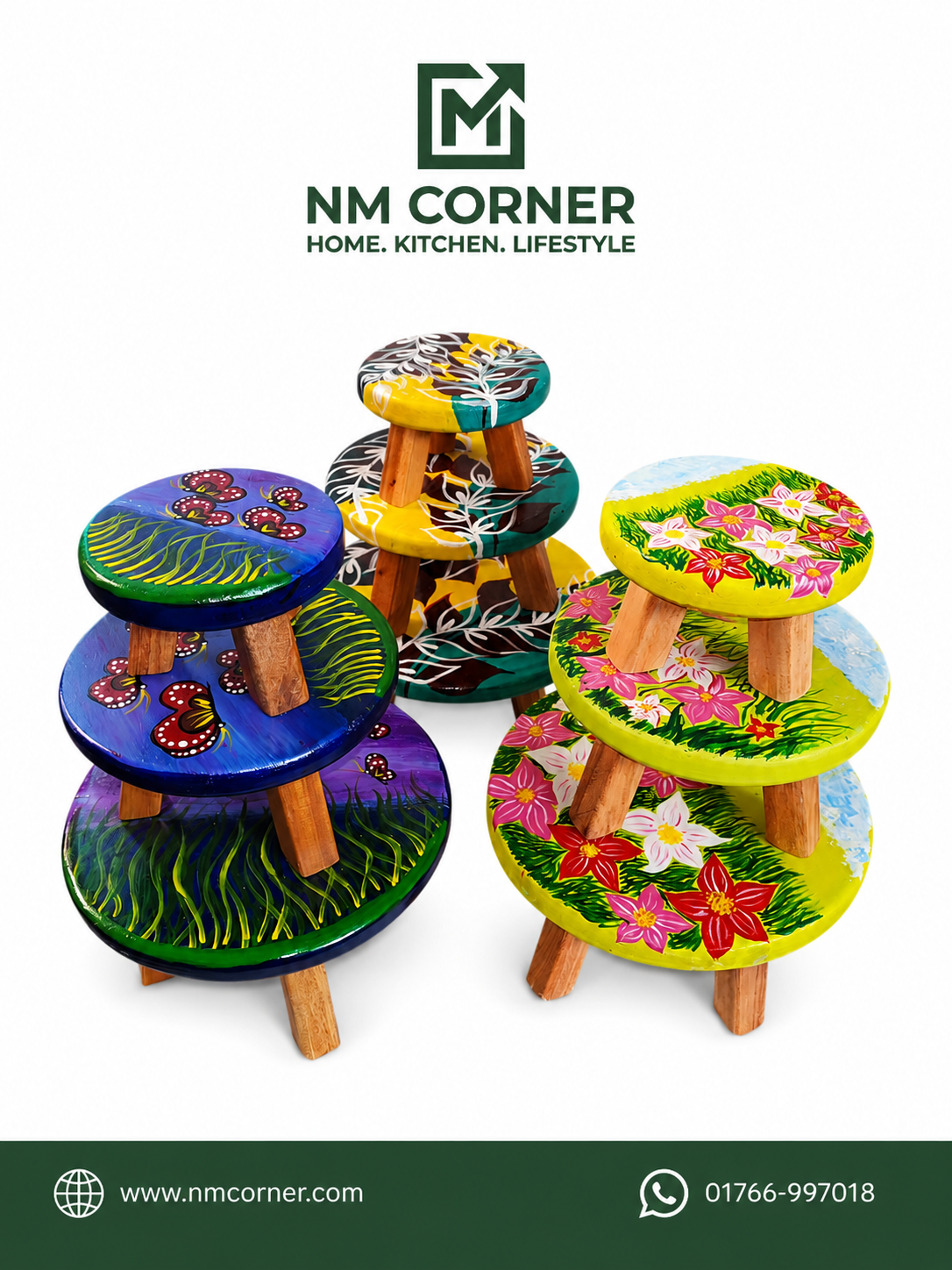 Hand Painted Wooden Round Stool with Floral Design - NM Corner