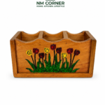 Hand Painted Wooden Spoon Holder with tulip flower design - 4 compartment kitchen cutlery organizer