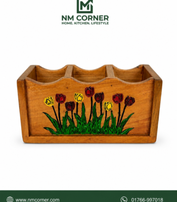 Hand Painted Wooden Spoon Holder with tulip flower design - 4 compartment kitchen cutlery organizer