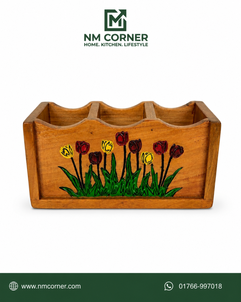 Hand Painted Wooden Spoon Holder with tulip flower design - 4 compartment kitchen cutlery organizer