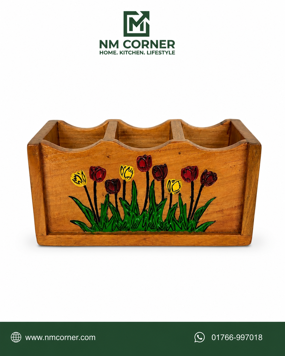 Hand Painted Wooden Spoon Holder with tulip flower design - 4 compartment kitchen cutlery organizer