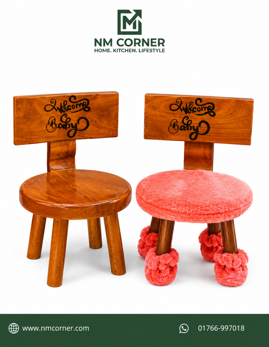 Mahogany Wooden Baby Chair with Welcome Baby engraved text - small kids stool