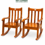 Mahogany Wooden Baby Rocking Chair with armrest and slatted backrest for kids