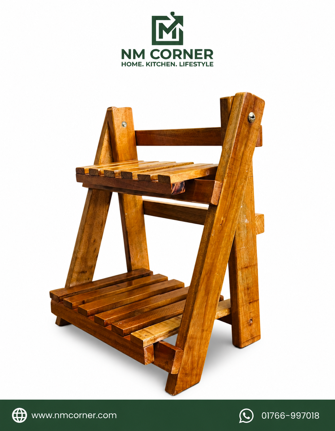 Mahogany Wooden Folding Organizer Rack with 2-tier slatted shelves, A-frame design