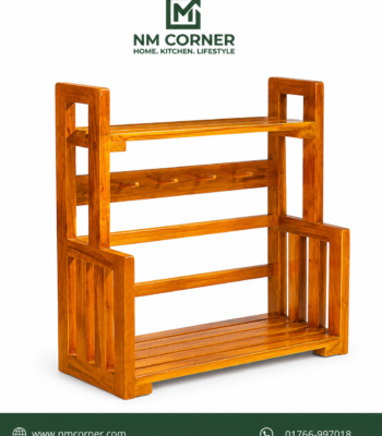 Mahogany Wooden Multi-Purpose Rack with cup holder hooks, top shelf and slatted shoe rack