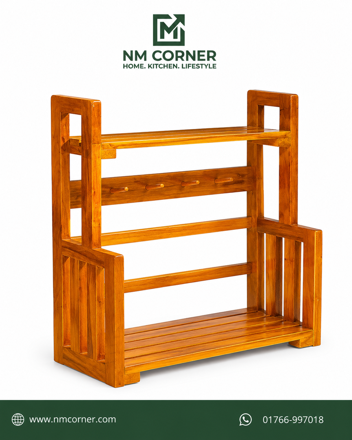 Mahogany Wooden Multi-Purpose Rack with cup holder hooks, top shelf and slatted shoe rack
