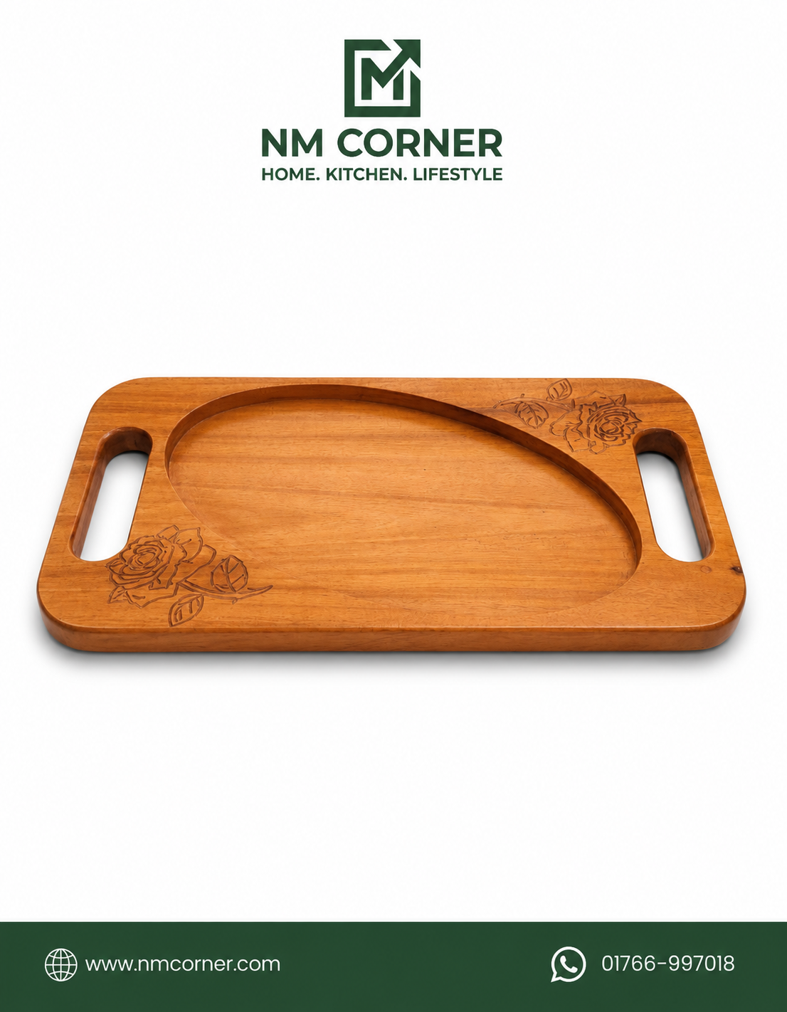 Mahogany Wooden Serving Tray with Rose Engraved Design - NM Corner