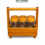 Mahogany Wooden Spice Jar Holder with Handle - set of 6 glass jars with wooden lids