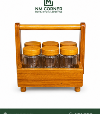 Mahogany Wooden Spice Jar Holder with Handle - set of 6 glass jars with wooden lids