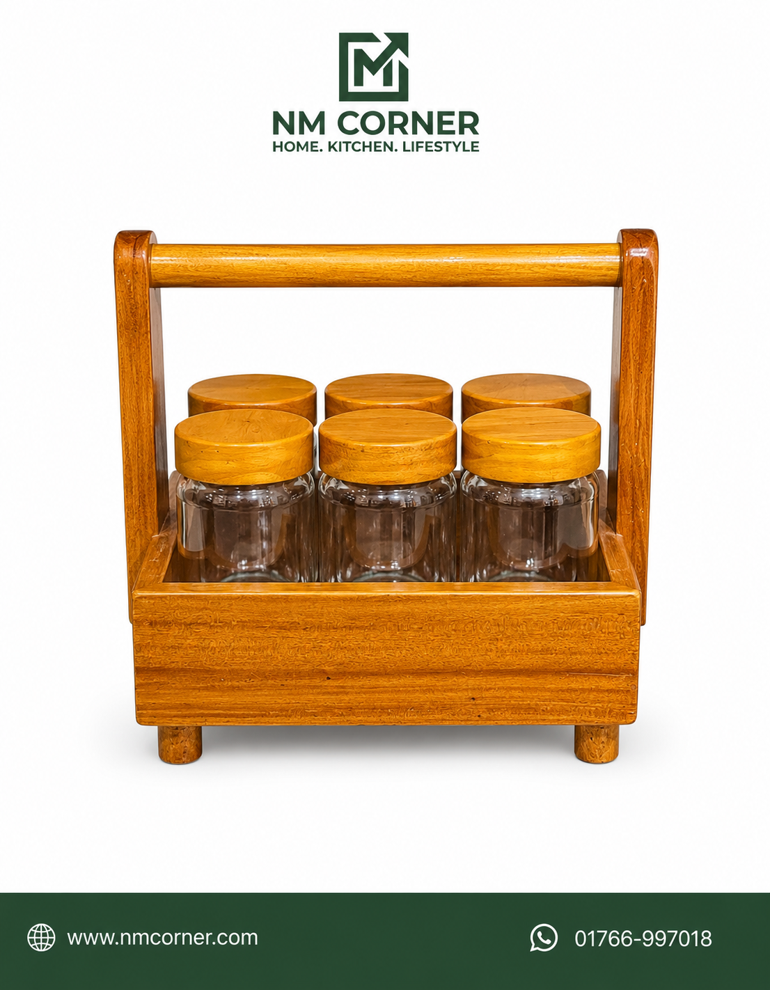 Mahogany Wooden Spice Jar Holder with Handle - set of 6 glass jars with wooden lids