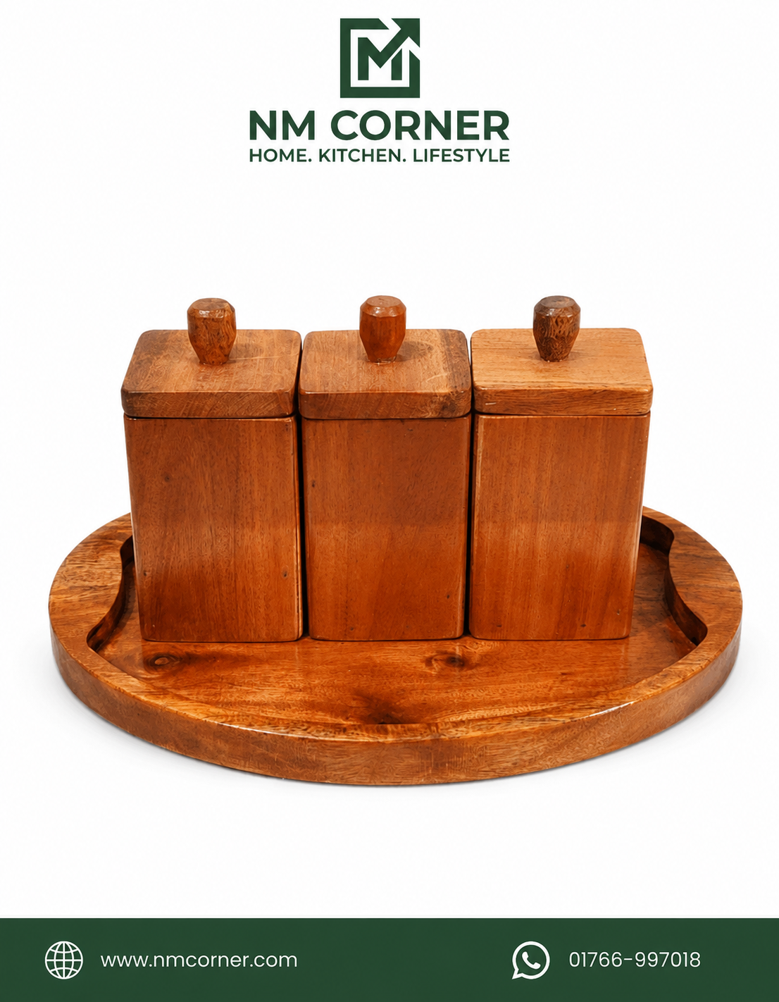 Wooden Kitchen Storage Jar Set (3 Pcs) with Tray - NM Corner Mahogany Wooden Storage Jar Set with Tray - NM Corner