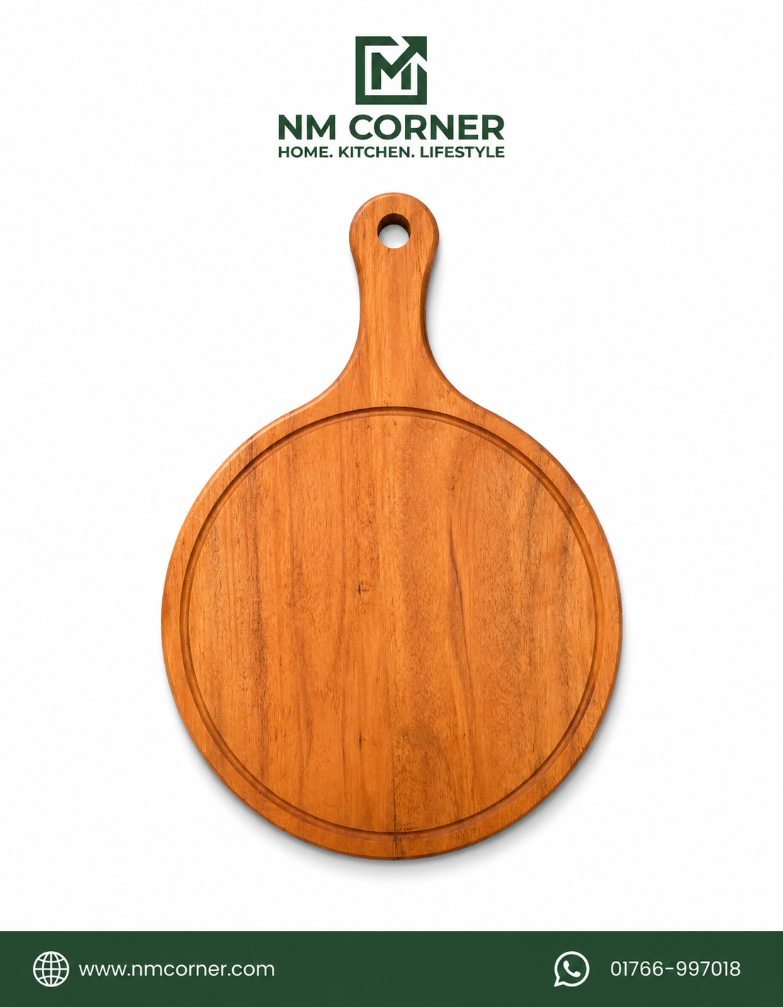 Round Mahogany Wooden Pizza and Serving Board with Handle - NM Corner