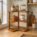 Wooden 3-Tier Corner Kitchen Shelf Organizer for jars and canisters on countertop