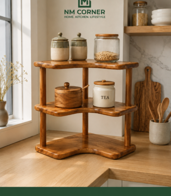 Wooden 3-Tier Corner Kitchen Shelf Organizer for jars and canisters on countertop