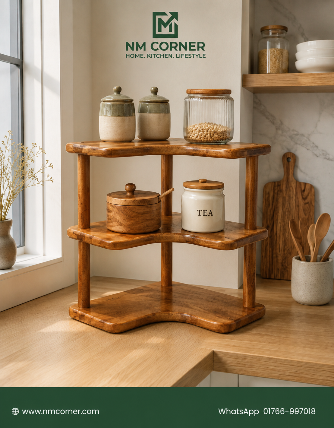 Wooden 3-Tier Corner Kitchen Shelf Organizer for jars and canisters on countertop