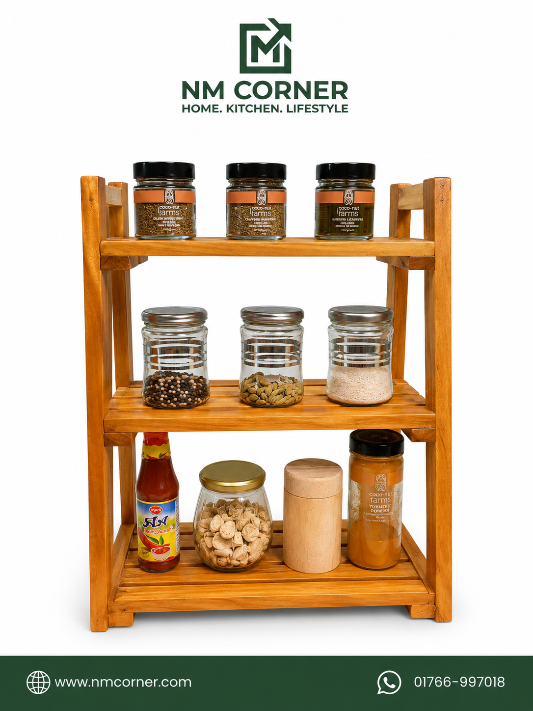 Wooden 3-Tier Kitchen Spice Rack Shelf - NM Corner