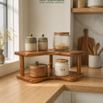 Wooden 2-Tier Corner Kitchen Shelf Organizer for jars and canisters on countertop
