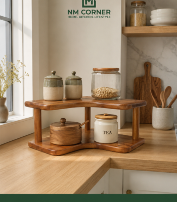 Wooden 2-Tier Corner Kitchen Shelf Organizer for jars and canisters on countertop