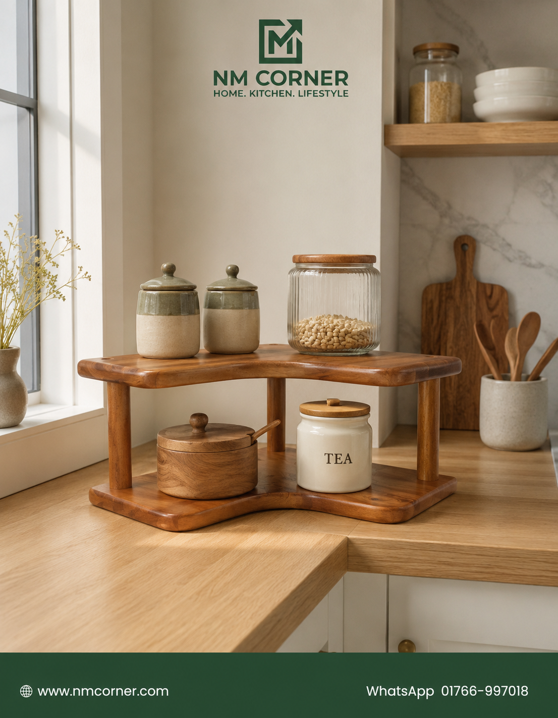 Wooden 2-Tier Corner Kitchen Shelf Organizer for jars and canisters on countertop