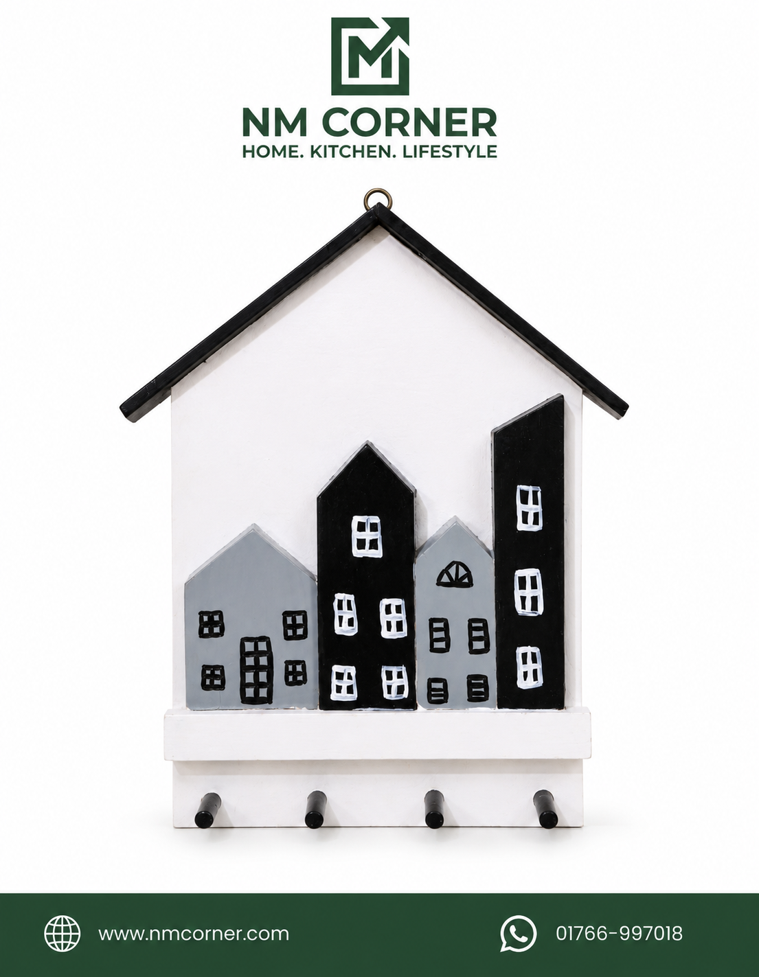 Wooden House Shape Wall Key Holder with 4 Hooks - NM Corner Wooden House Shape Key Holder with City Skyline Design - NM Corner