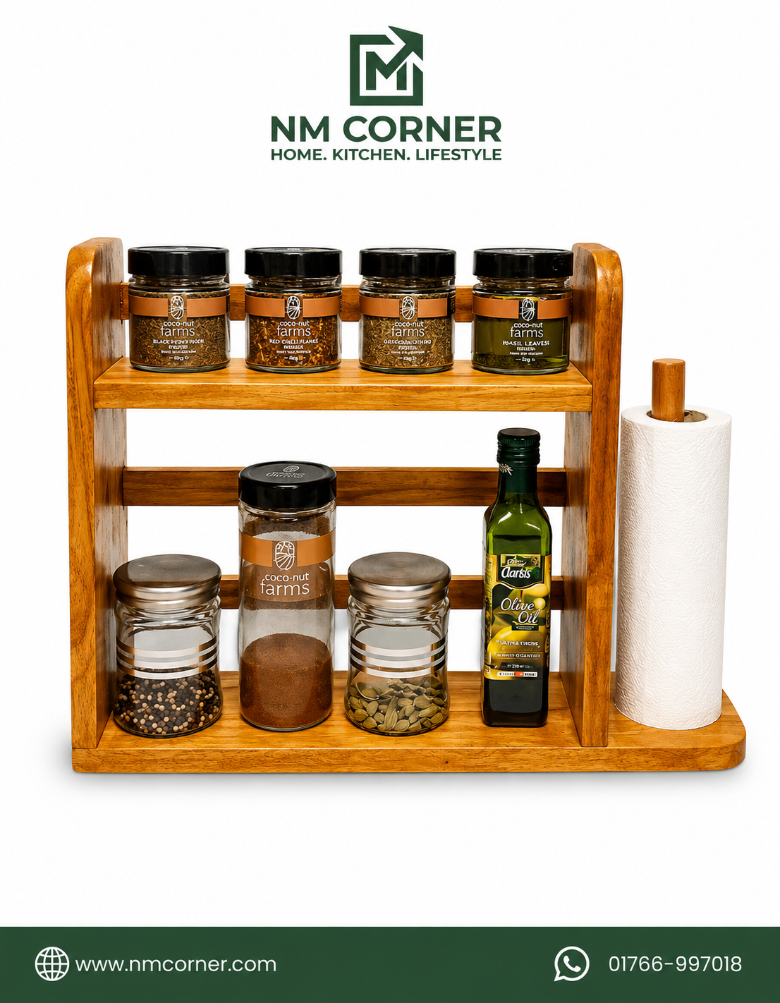 Wooden Kitchen Spice Rack with Tissue Holder - NM Corner