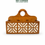 Wooden Spoon Holder with Handle - 3 compartment kitchen utensil organizer with carved design