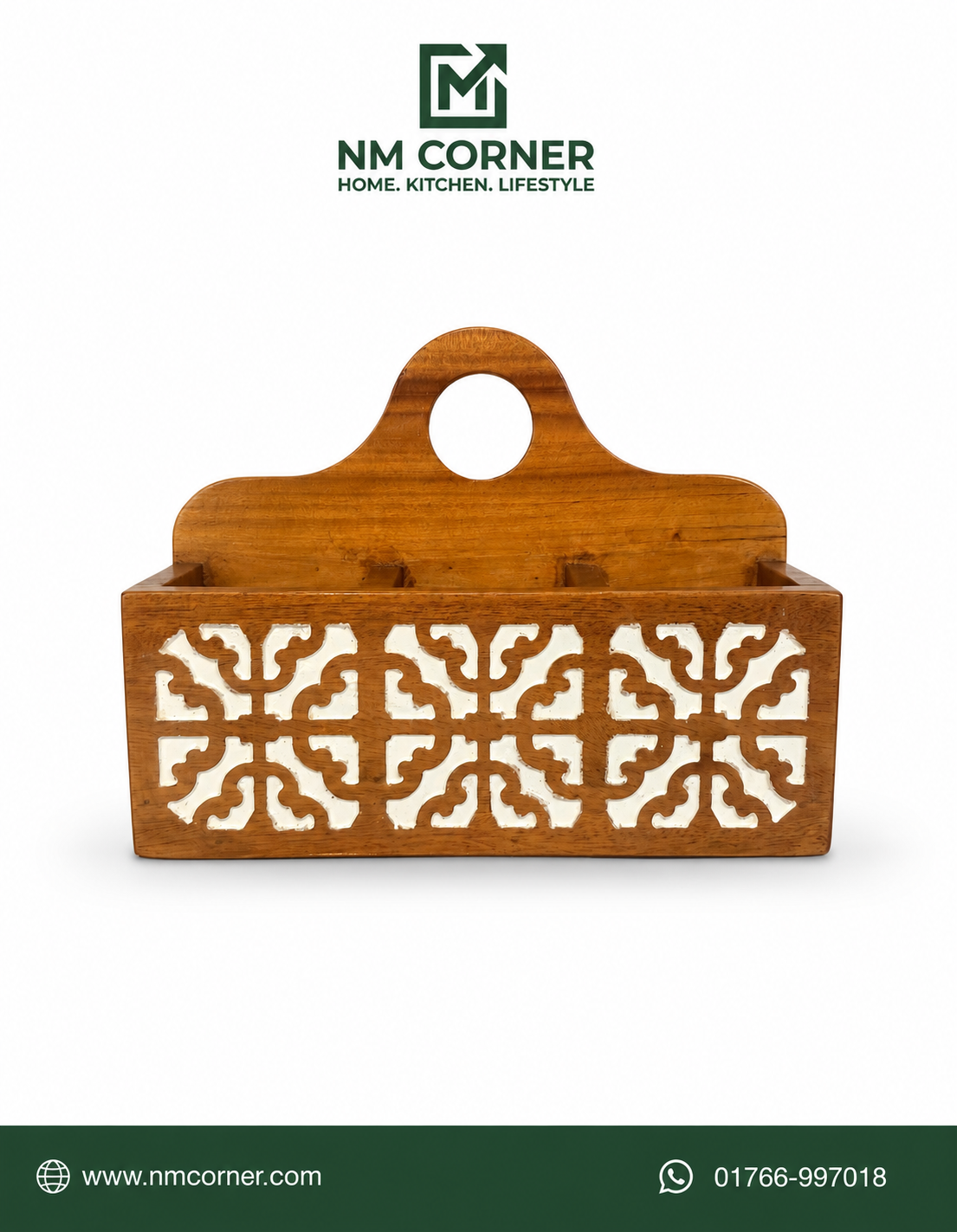 Wooden Spoon Holder with Handle - 3 compartment kitchen utensil organizer with carved design